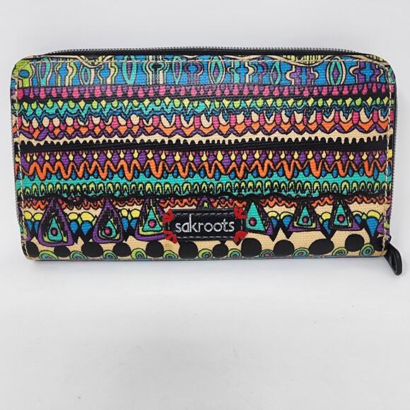 Sakroots Wallet Peace Pattern Coated Canvas Full Zip Around Divided Many Slots - Picture 2 of 8